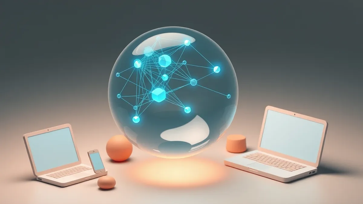 Illustration: A transparent glass sphere floats in midair, containing a complex web of glowing blue threads that connect distinct geometric shapes.