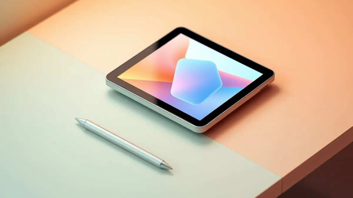 Illustration: A compact tablet with a seamless black bezel rests on a light wooden desk beside a silver stylus.