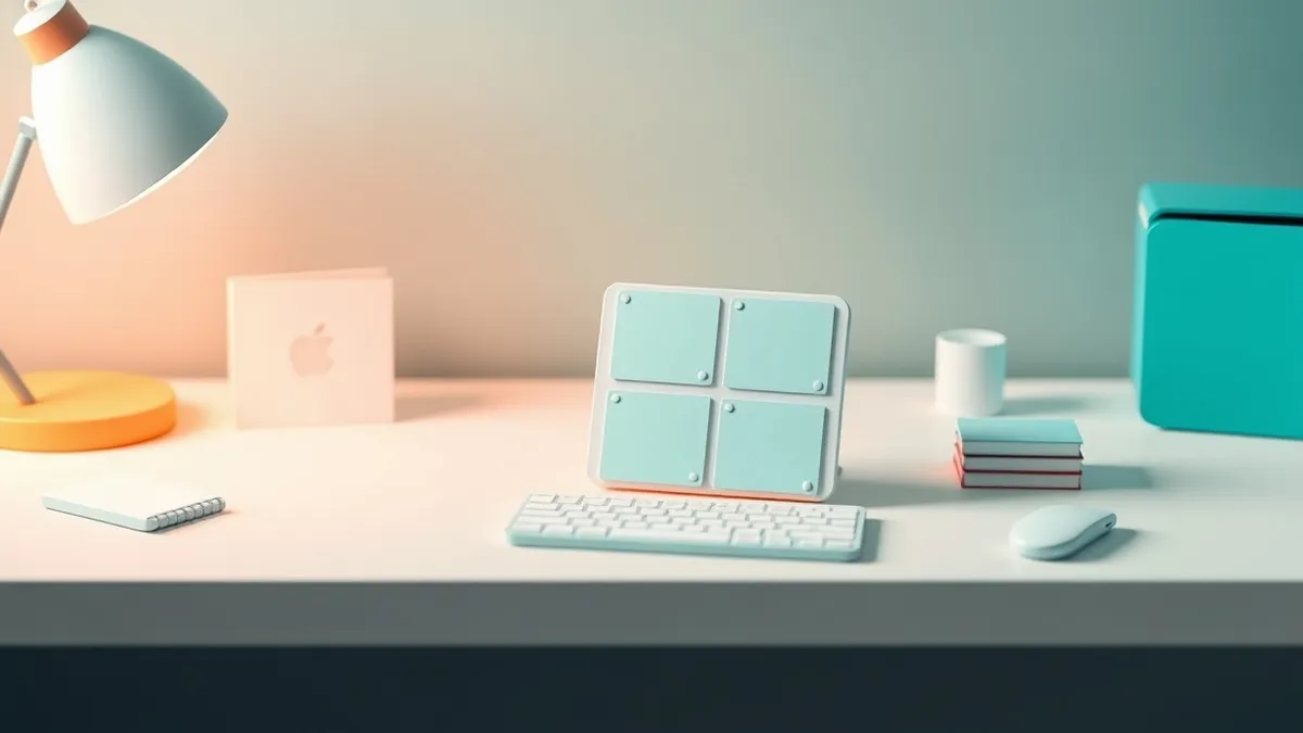 Illustration: A minimalist task manager interface sits on a clean white desk, displaying a grid of blank, colorful project cards.