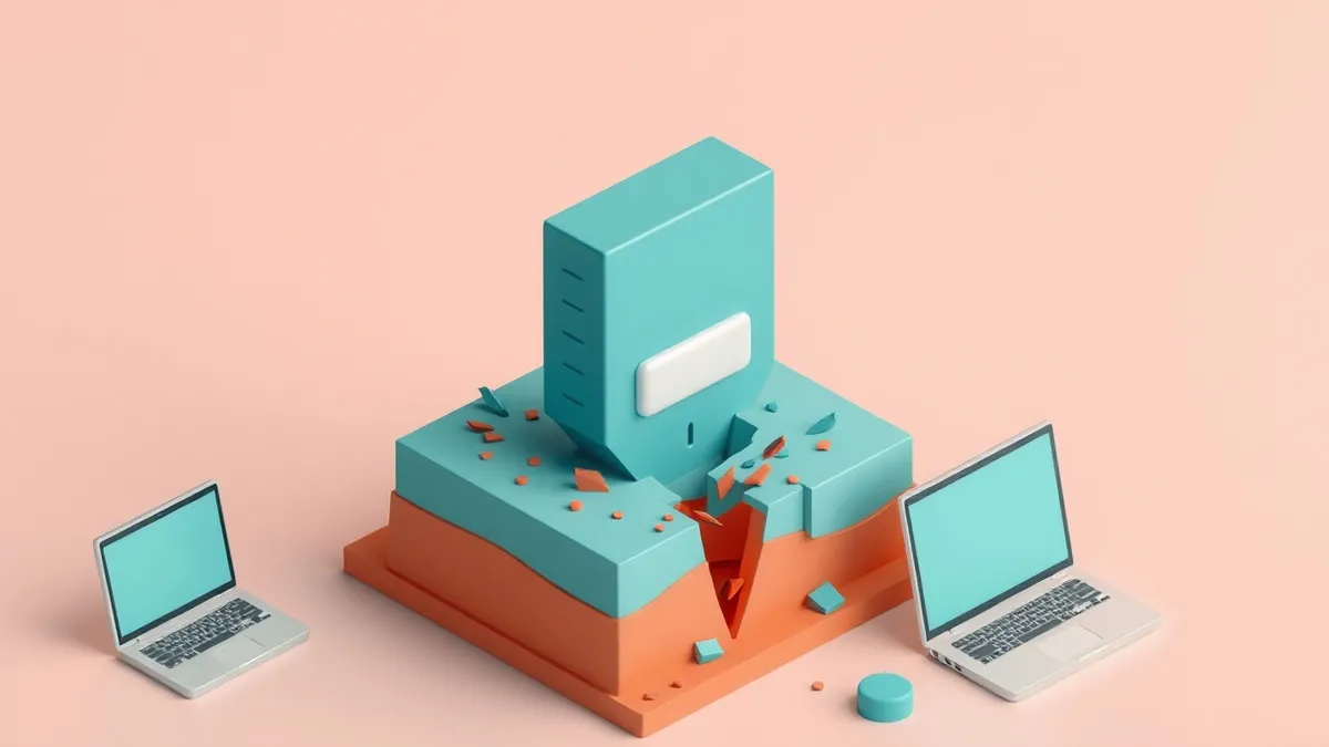 Illustration: A sleek, minimalist software update box hovers above a fractured digital foundation representing a content management system.