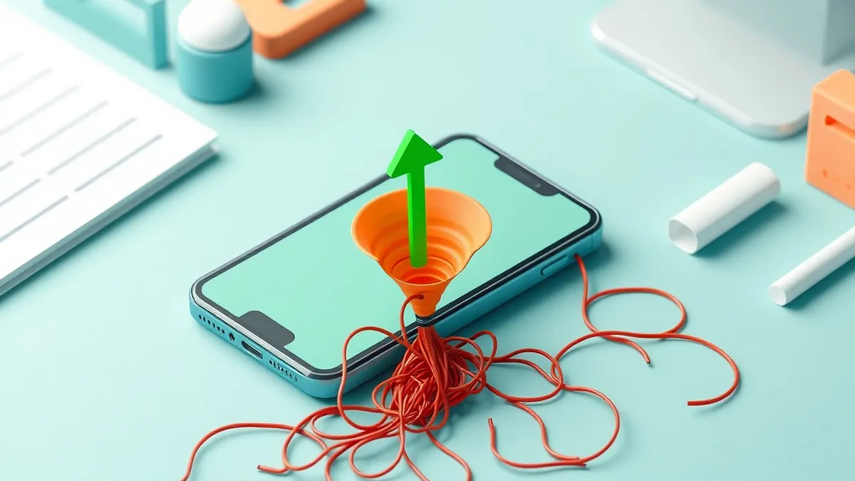 Illustration: A sleek smartphone sits on a clean desk, its screen displaying a single bright green arrow curving into a digital funnel.