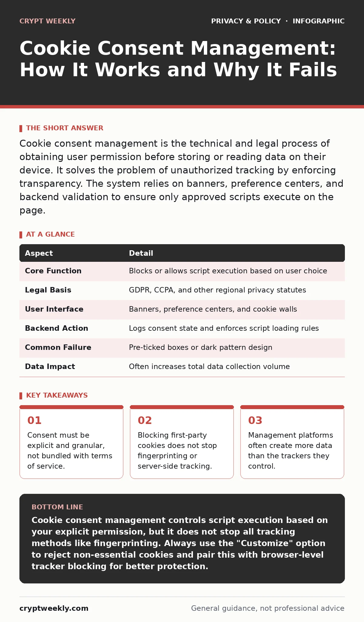 Infographic: Cookie Consent Management: How It Works and Why It Fails. Consent must be explicit and granular, not bundled with terms of service. Blocking first-party cookies does not stop fingerprinting or server-side tracking. Management platforms often create more data than the trackers they contr