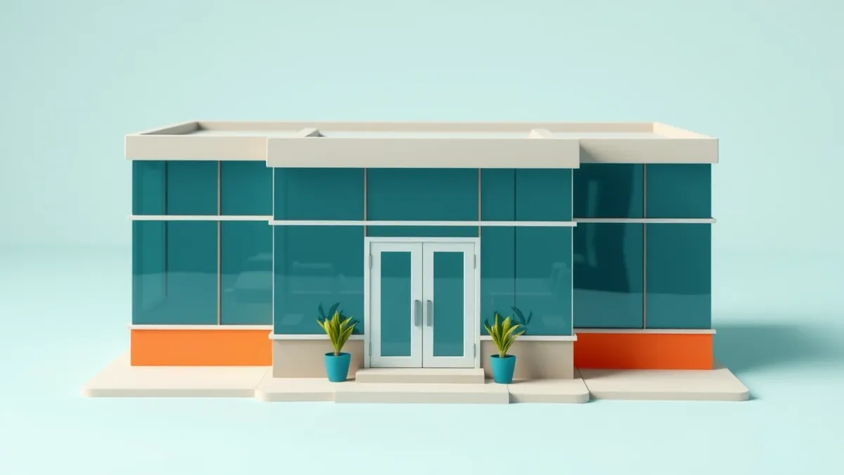 Illustration: A sleek, modern office building stands alone against a clear sky.