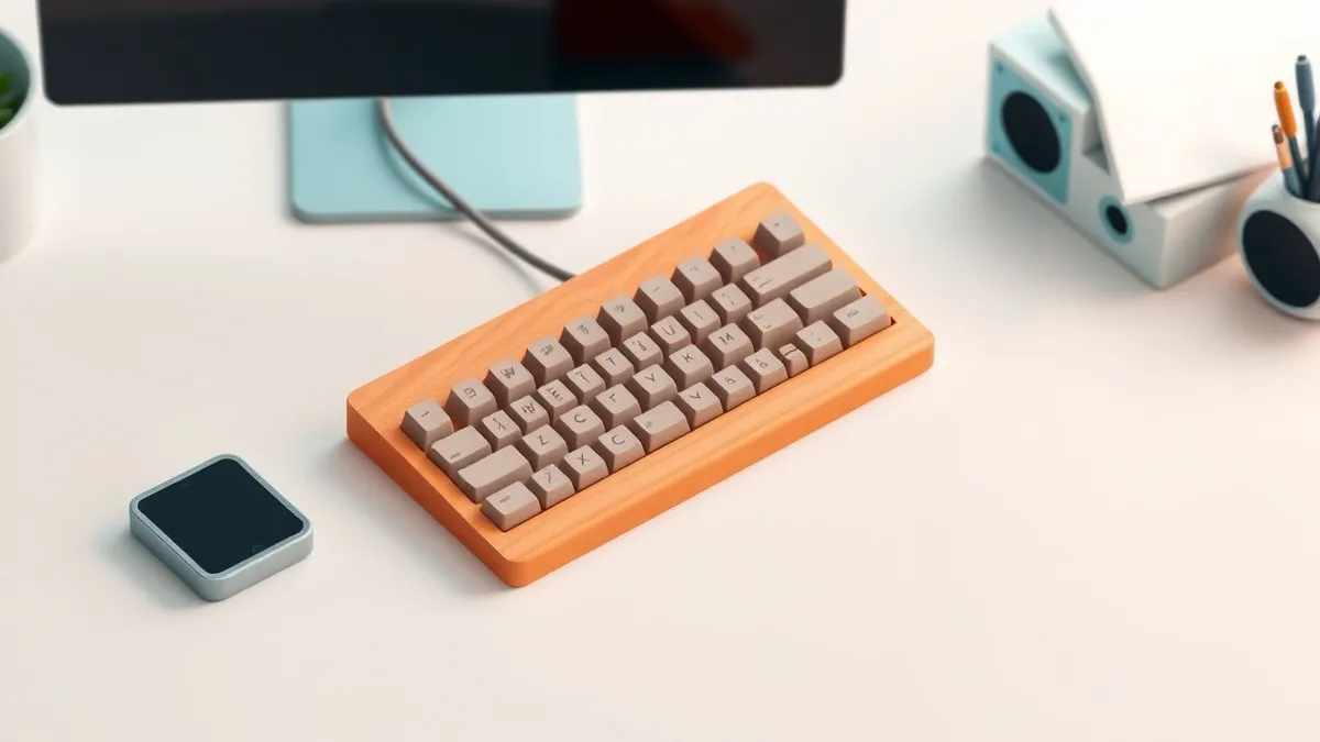 Illustration: A smooth wooden keyboard sits beside a compact plastic model on a clean desk.