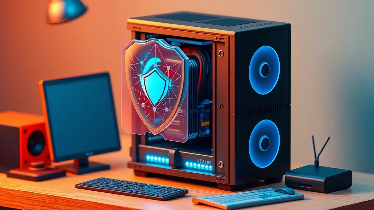 Illustration: A sleek black computer tower sits on a wooden desk, its side panel removed to reveal intricate circuit boards and glowing blue lights.
