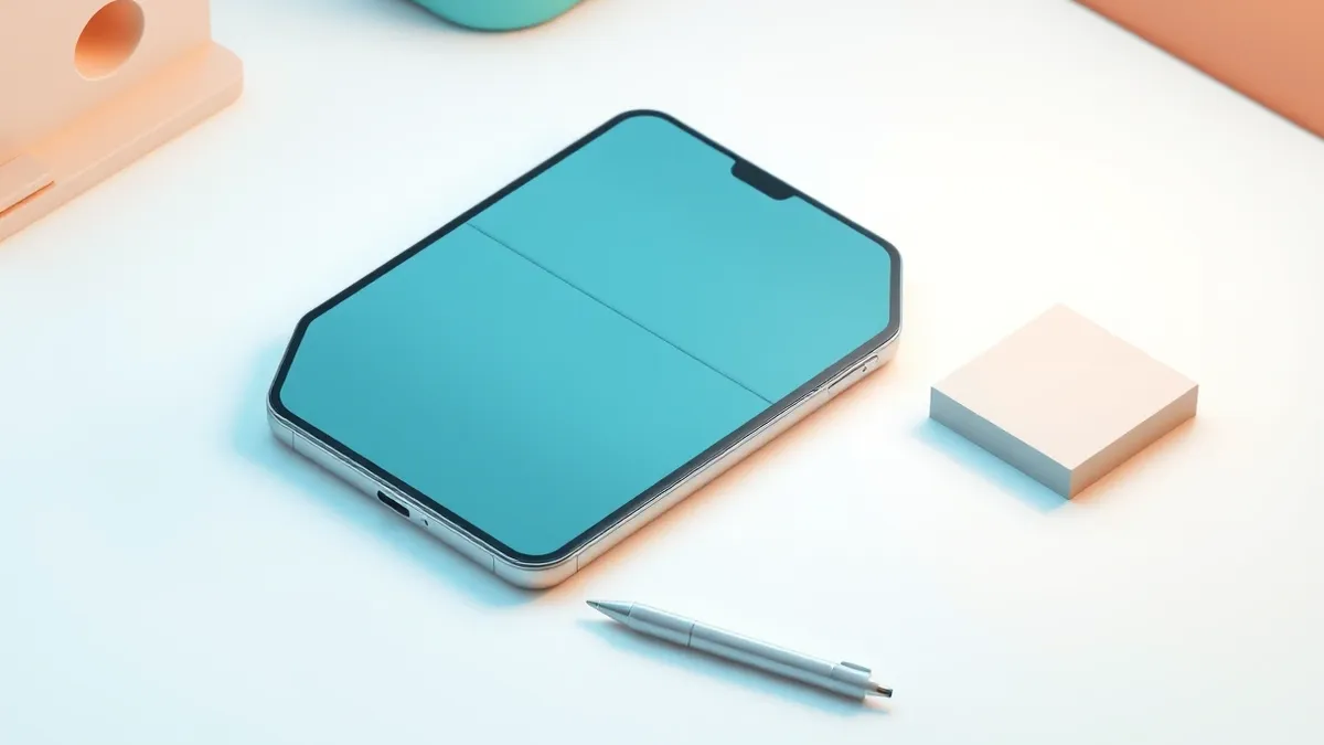 Illustration: A sleek silver folding smartphone lies open on a white desk, its hinge fully extended.