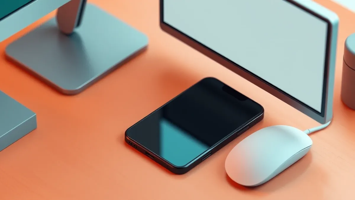Illustration: A sleek black smartphone rests on a wooden desk next to a white mouse.