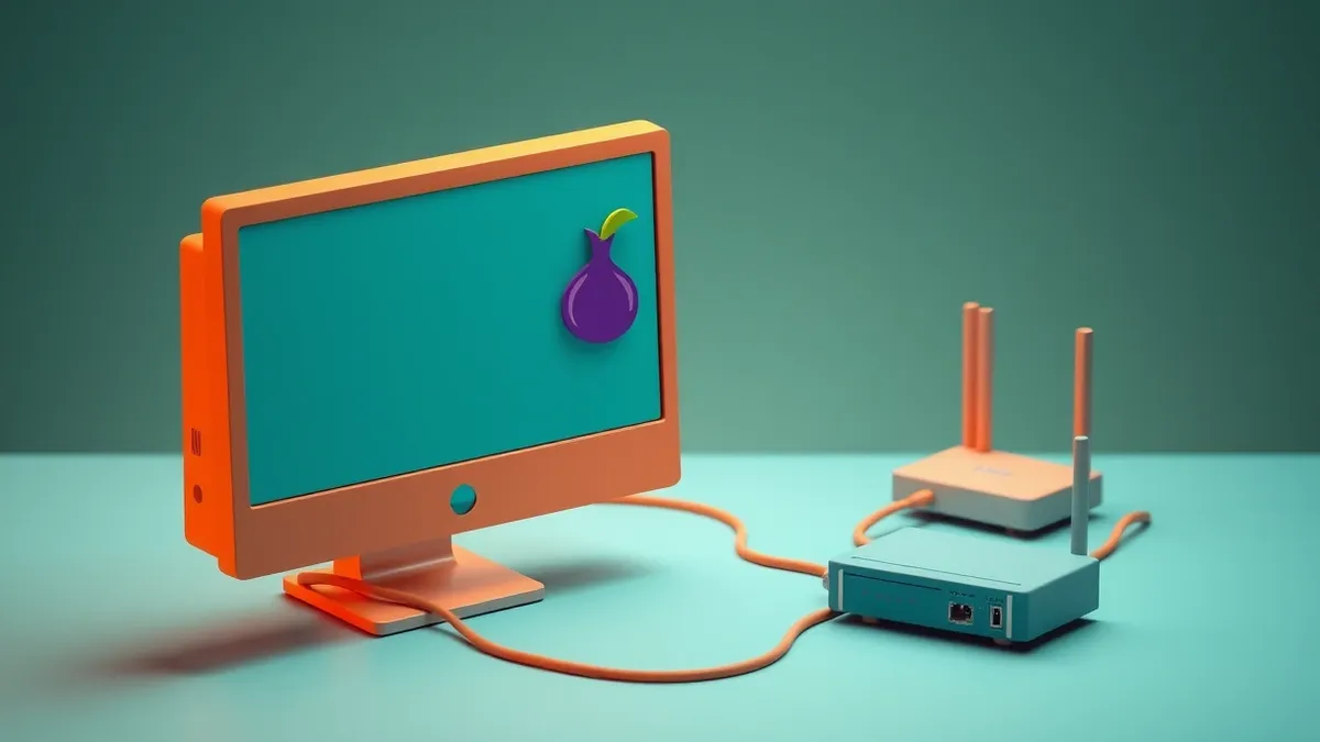 Illustration: A computer monitor displays a blank web browser window with a purple onion icon in the corner.