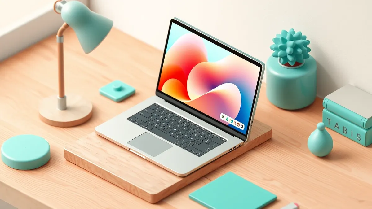 Illustration: A sleek laptop sits on a wooden desk, displaying a vibrant abstract wallpaper with soft gradients and geometric shapes.