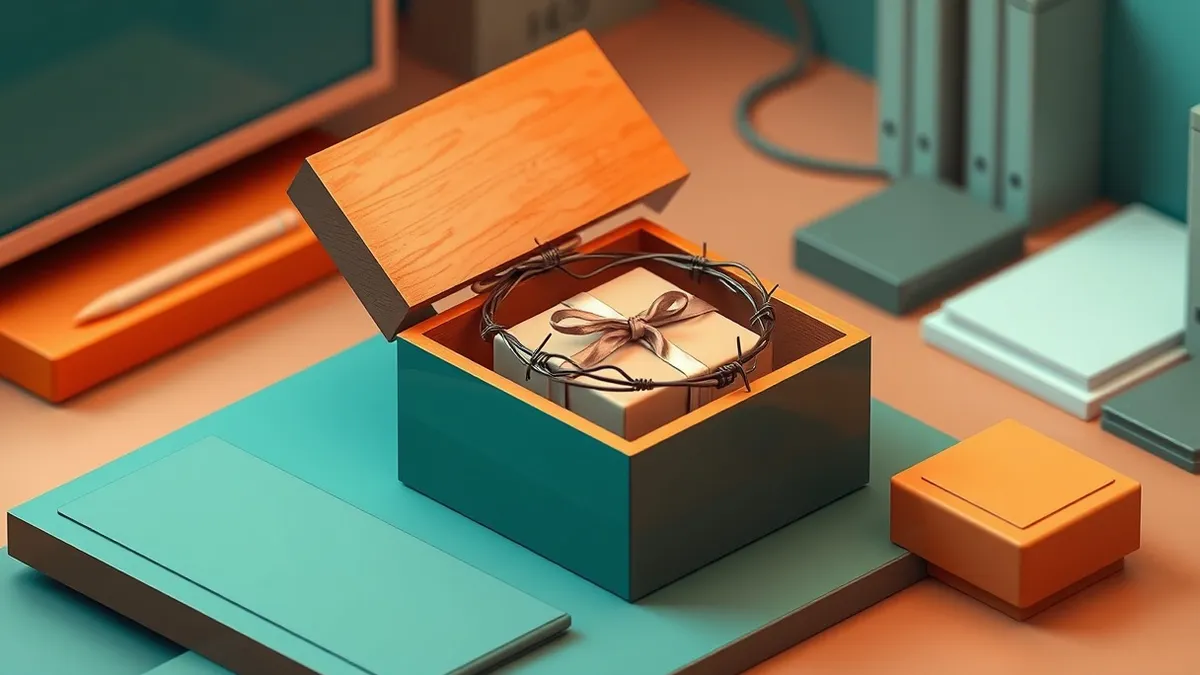 Illustration: A polished wooden gift box sits open on a desk, revealing tangled barbed wire wrapped around a harmless-looking gift inside.