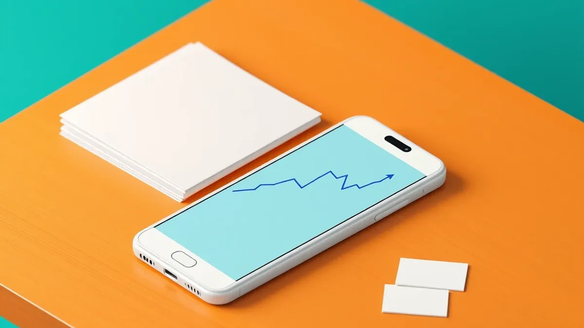 Illustration: A sleek white smartphone rests on a polished wooden table beside a stack of blank paper documents.