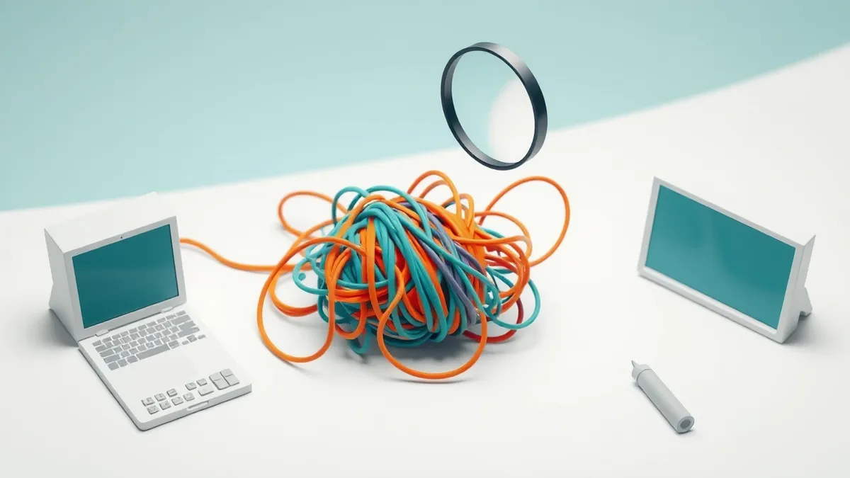 Illustration: A tangled knot of colorful wires shifts and rearranges itself on a clean white desk.