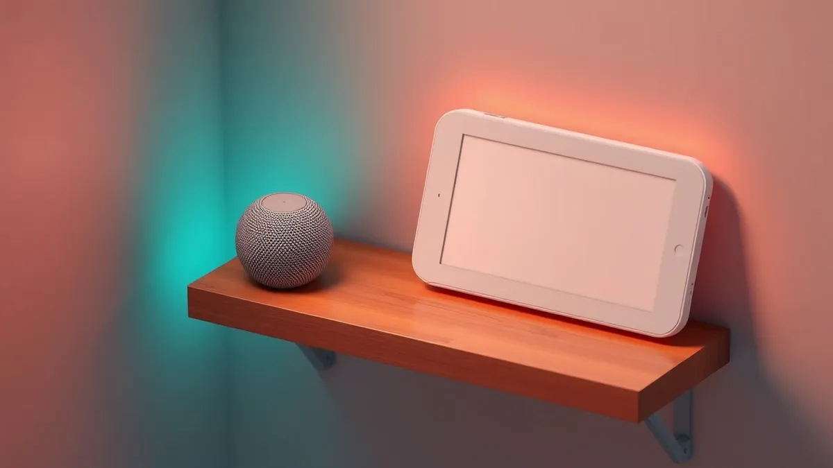 Illustration: A small spherical speaker sits beside a square display device on a wooden shelf.