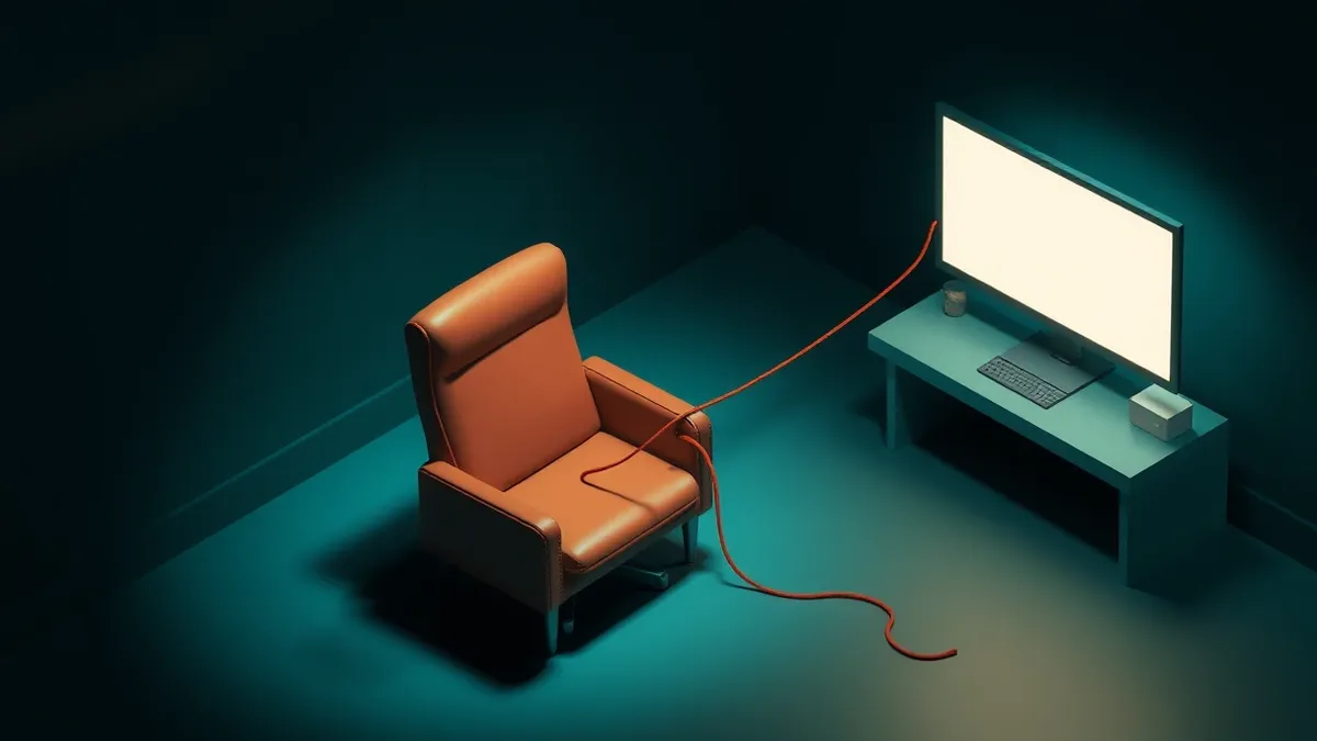 Illustration: A solitary, imposing leather executive chair sits empty in a dim, shadowed office.