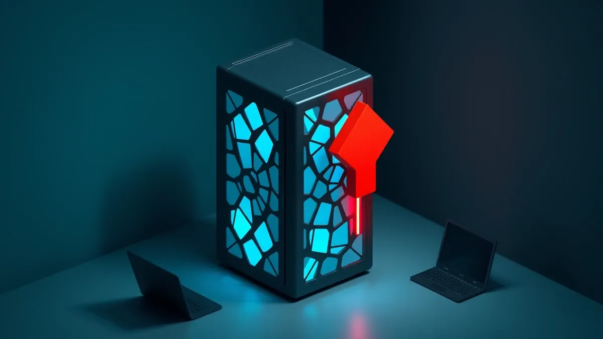 Illustration: A sleek black server tower sits in a dim room, its front panel displaying abstract blue geometric patterns.