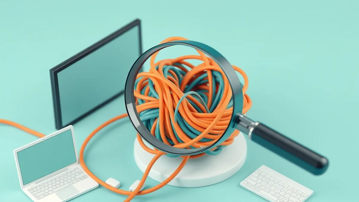 Illustration: A magnifying glass hovers over a tangled knot of colorful wires, revealing a small, loose thread hidden within the dense bundle.