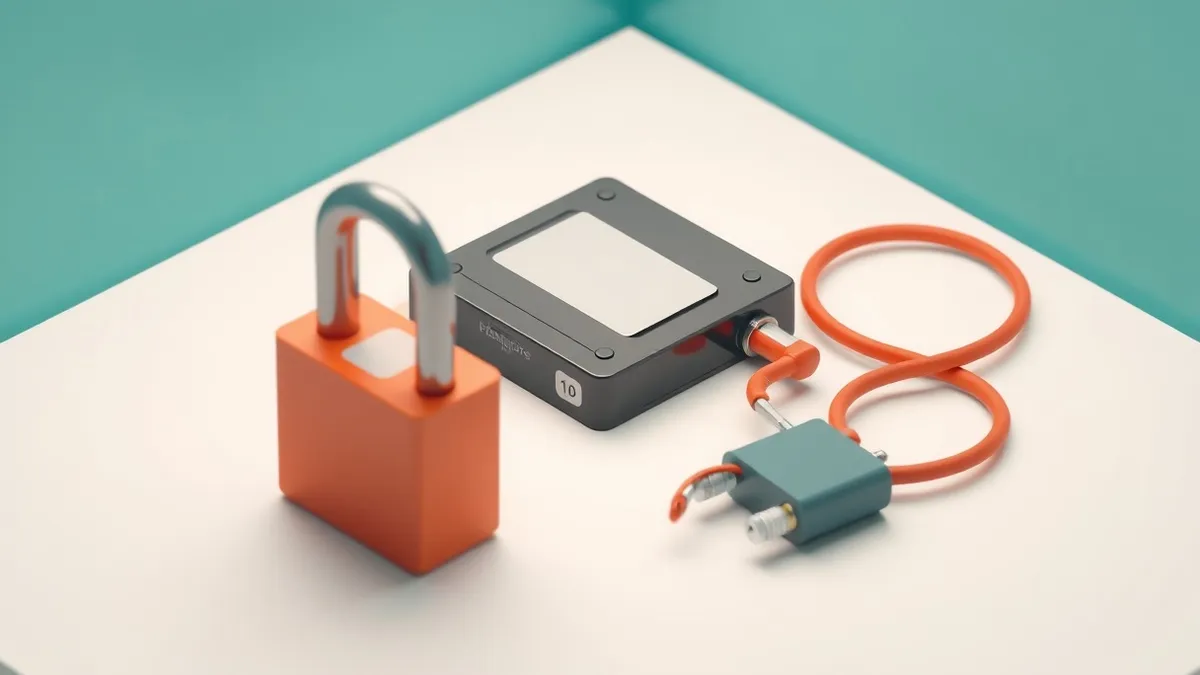 Illustration: A detached, isolated external hard drive rests on a clean white desk beside a heavy padlock.