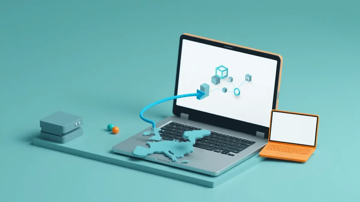 Illustration: A blank laptop screen displays abstract geometric shapes representing software modules.