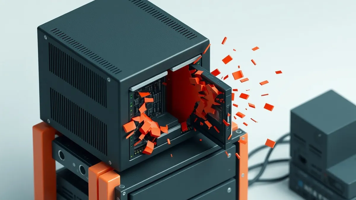 Illustration: A black network gateway appliance sits on a metal rack with blank front panels.