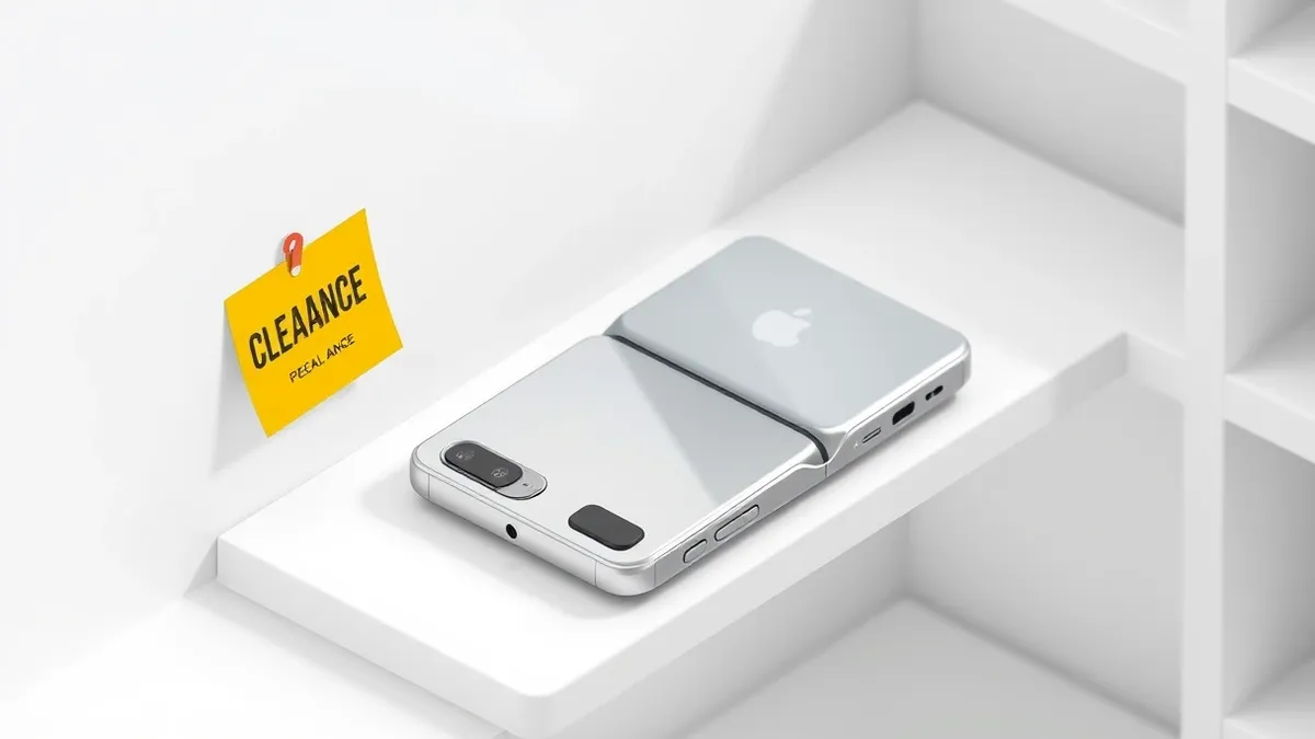 Illustration: A pristine foldable smartphone rests on a clean white retail shelf next to a bright yellow clearance sticker.