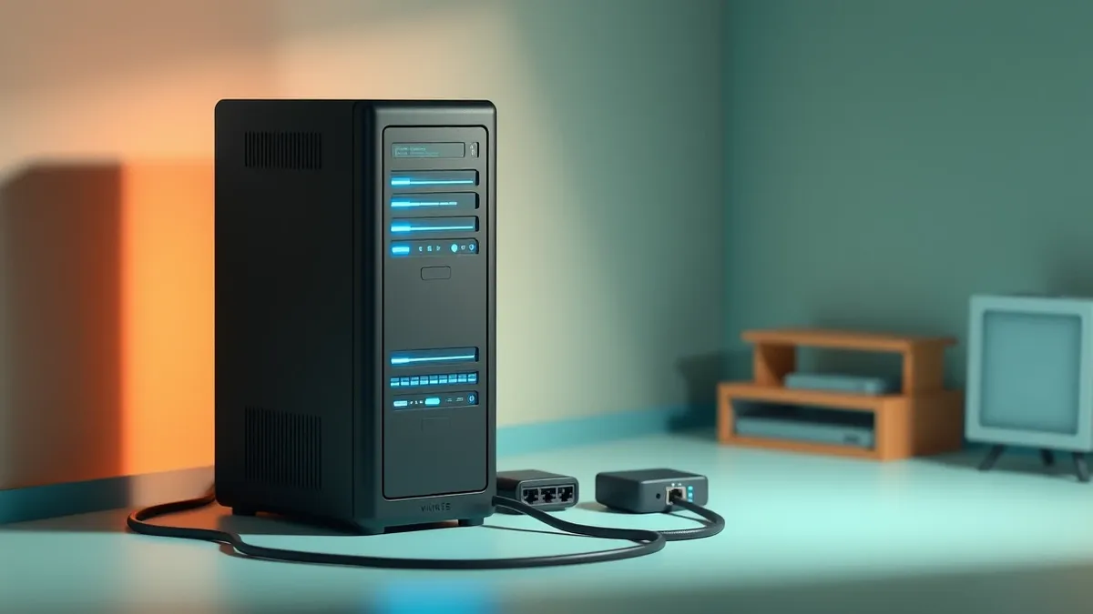 Illustration: A sleek black server tower sits in a quiet office, its front panel glowing with soft blue indicator lights.