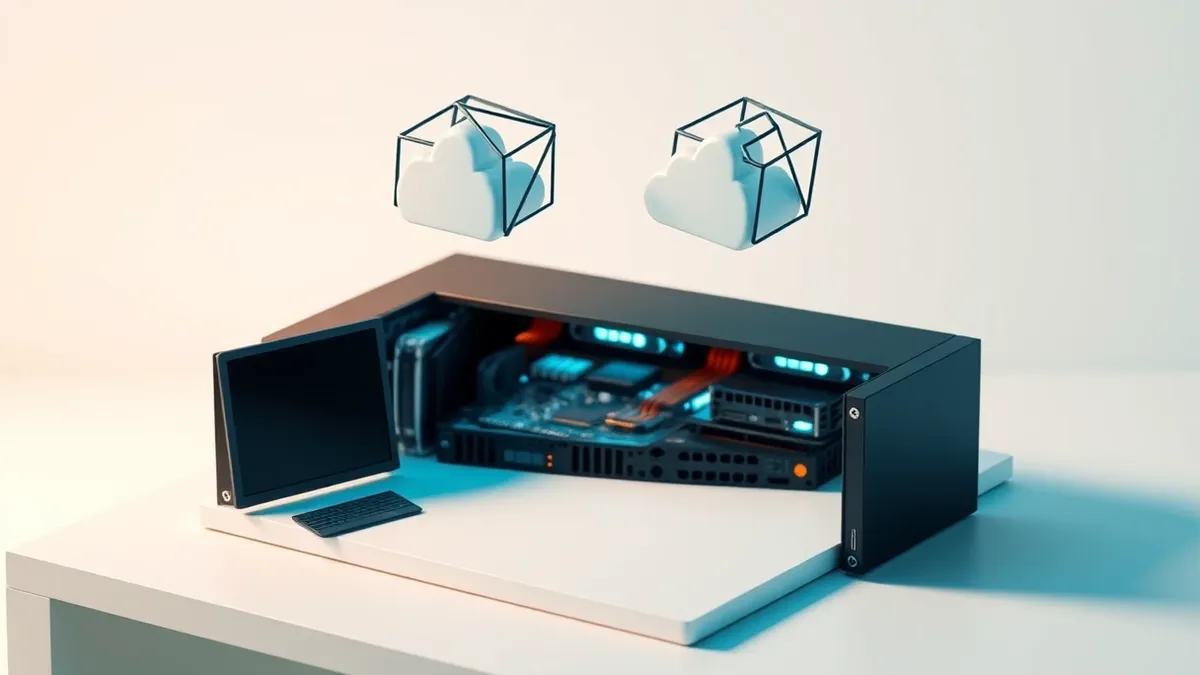 Illustration: A sleek black server blade sits open on a white table, its internal circuitry exposed and glowing with soft blue light.