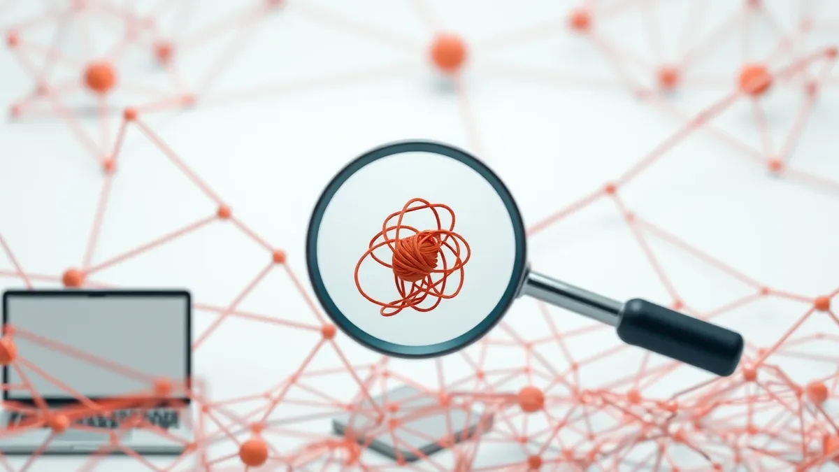 Illustration: A single magnifying glass hovers over a complex web of tangled red threads against a stark white background.