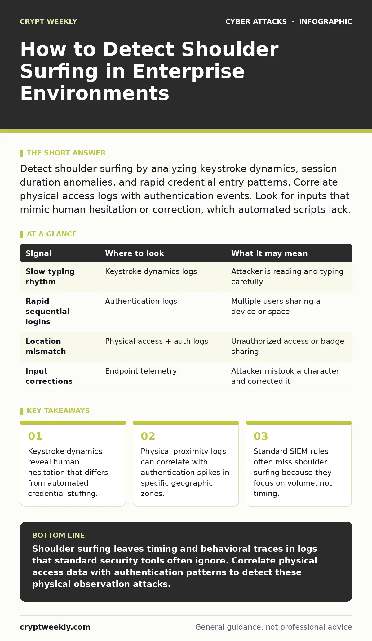 Infographic: How to Detect Shoulder Surfing in Enterprise Environments. Keystroke dynamics reveal human hesitation that differs from automated credential stuffing. Physical proximity logs can correlate with authentication spikes in specific geographic zones. Standard SIEM rules often miss shoulder s