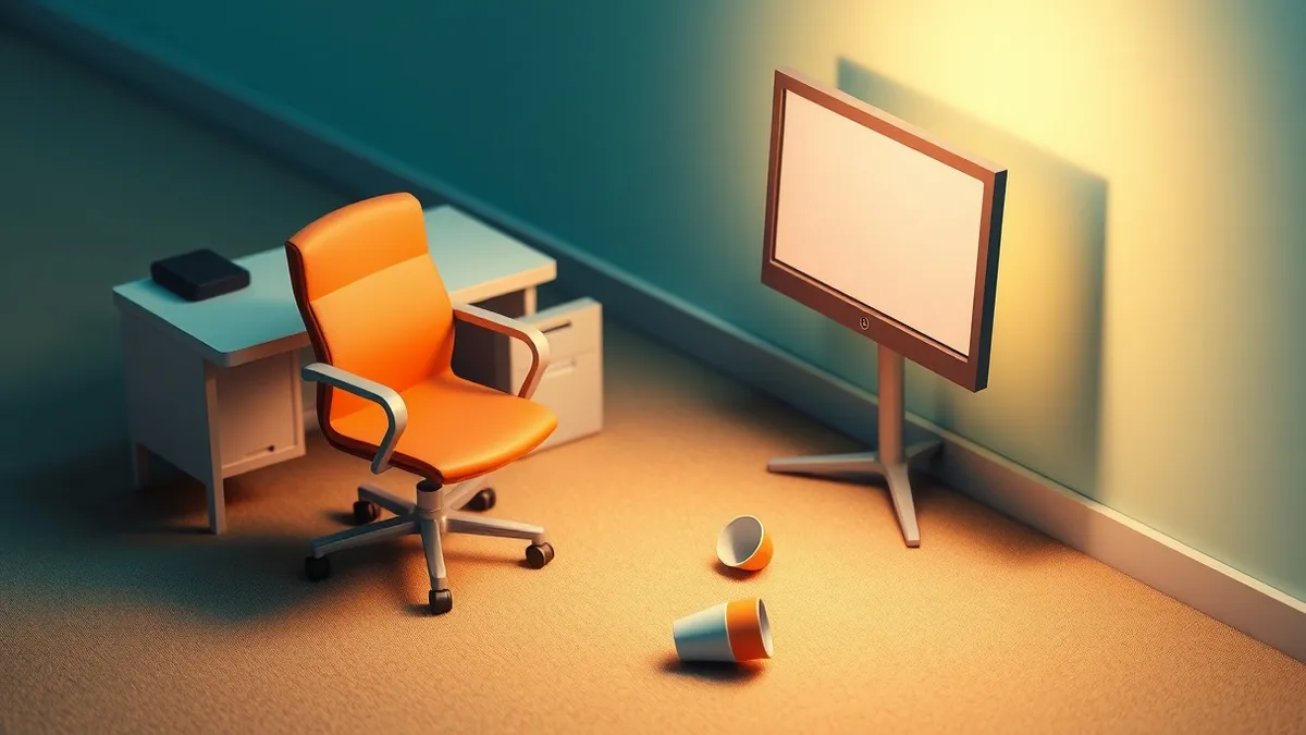 Illustration: A lone office chair sits angled sharply toward a nearby workstation, capturing the subtle curve of a blank monitor screen.