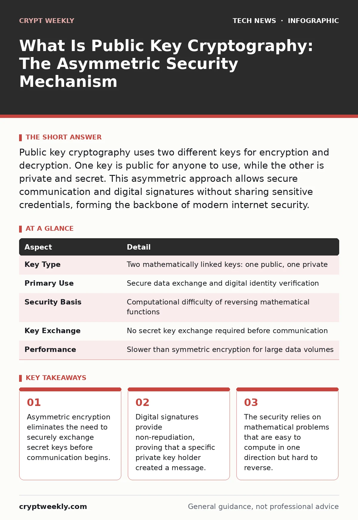 Infographic: What Is Public Key Cryptography: The Asymmetric Security Mechanism. Asymmetric encryption eliminates the need to securely exchange secret keys before communication begins. Digital signatures provide non-repudiation, proving that a specific private key holder created a message. The secur