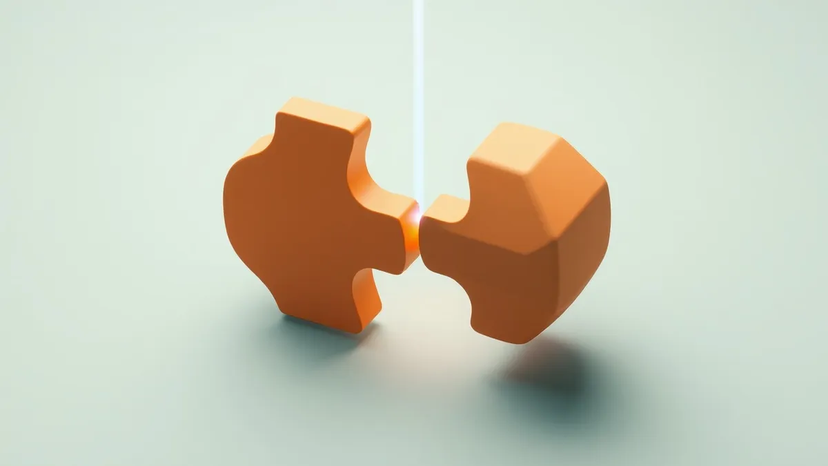Illustration: Two interlocking geometric puzzle pieces float in empty space.