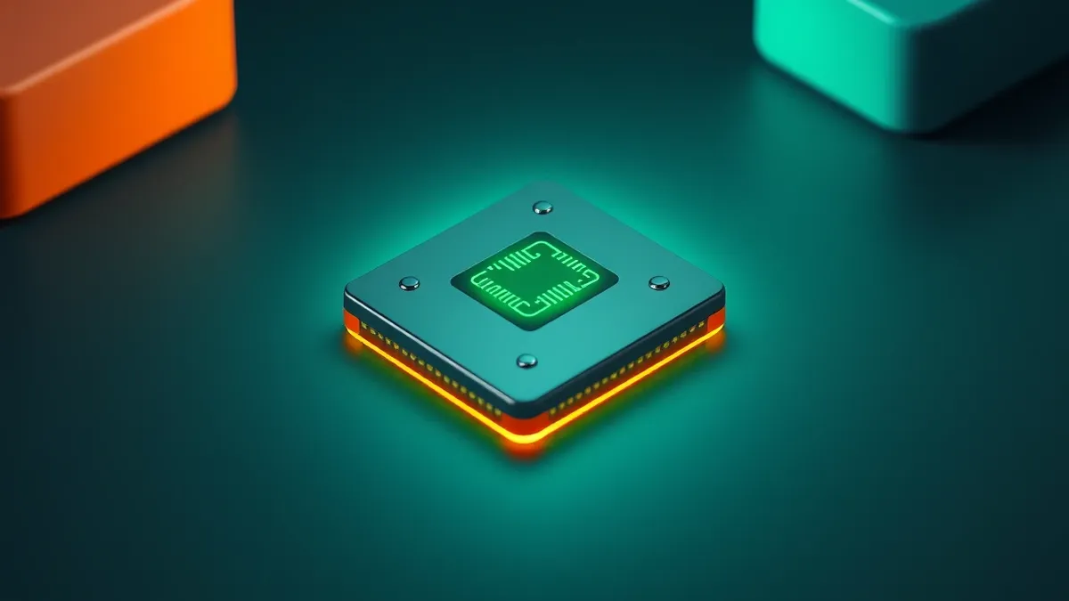 Illustration: A square computer chip rests on a dark surface, its metallic casing reflecting soft light.