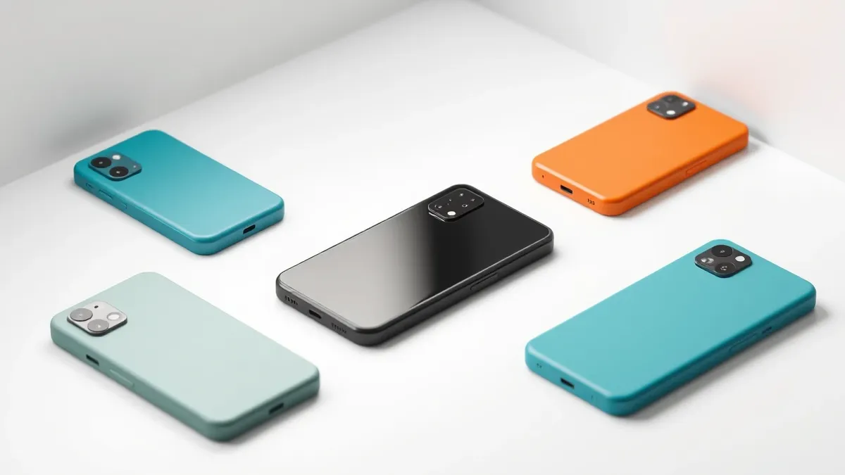 Illustration: A sleek black budget smartphone rests on a clean white surface, surrounded by four other distinct mobile devices in various colors.