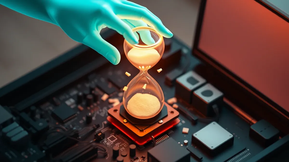 Illustration: A translucent blue ghostly hand grasps a glowing, fragmented hourglass hovering above a dark computer motherboard.