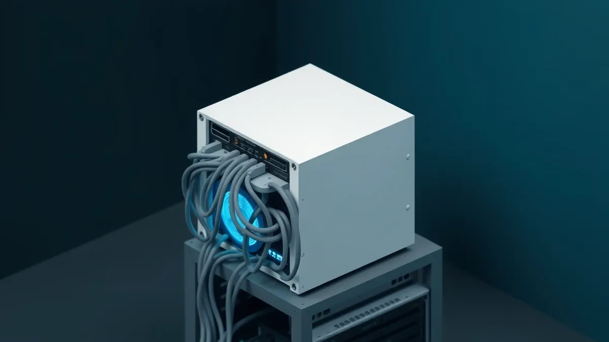 Illustration: A sleek white server unit sits on a metal rack, with tangled gray cables connecting to its rear ports.