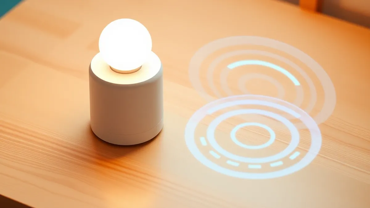 Illustration: A sleek white smart home hub sits on a wooden table next to a modern bulb-shaped light fixture.