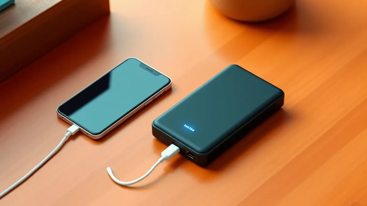 Illustration: A sleek, matte-black rectangular power bank rests on a polished wooden table next to a modern smartphone with a dual-screen design.