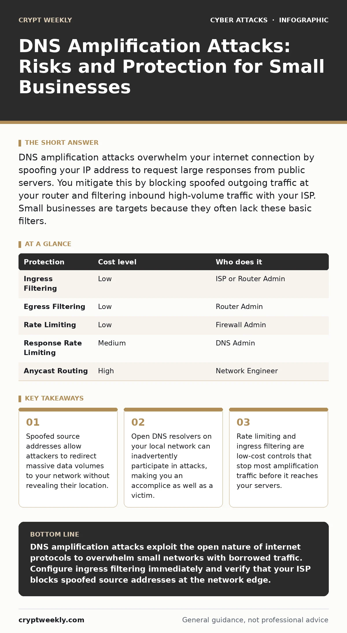 Infographic: DNS Amplification Attacks: Risks and Protection for Small Businesses. Spoofed source addresses allow attackers to redirect massive data volumes to your network without revealing their location. Open DNS resolvers on your local network can inadvertently participate in attacks, making you