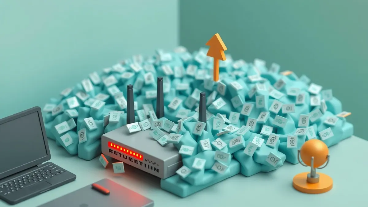 Illustration: A small office router sits on a desk, overwhelmed by a massive tidal wave of data packets rushing through its ports.