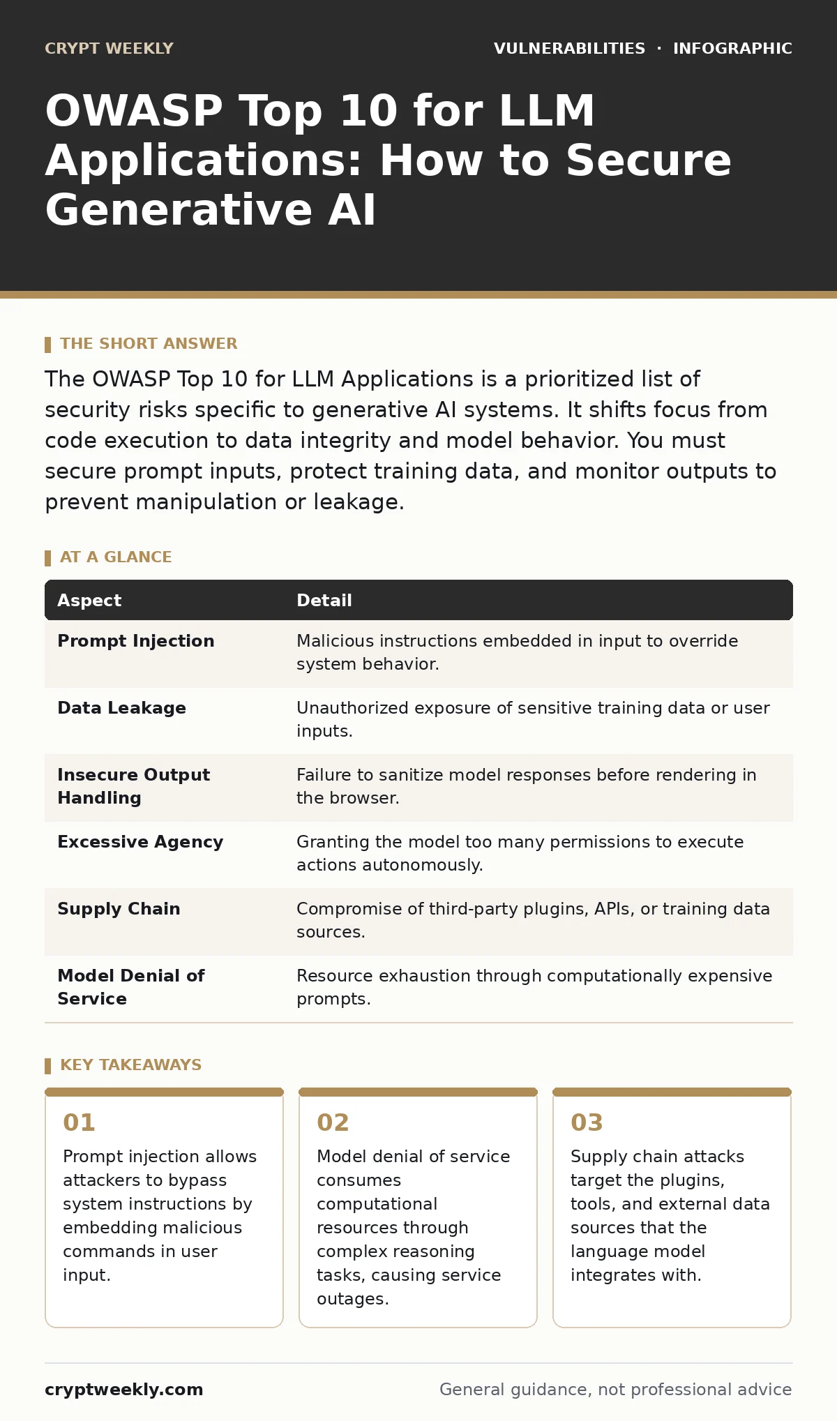 Infographic: OWASP Top 10 for LLM Applications: How to Secure Generative AI. Prompt injection allows attackers to bypass system instructions by embedding malicious commands in user input. Model denial of service consumes computational resources through complex reasoning tasks, causing service outage
