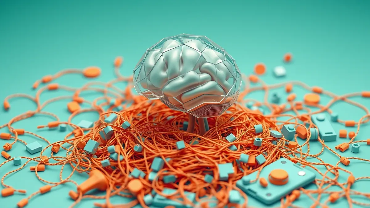 Illustration: A translucent, geometric brain shape floats above a chaotic tangle of tangled threads and loose data fragments.