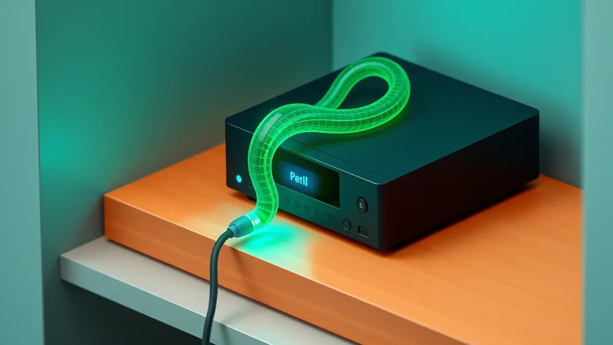Illustration: A sleek black media player box sits on a wooden shelf, glowing with a soft blue light.
