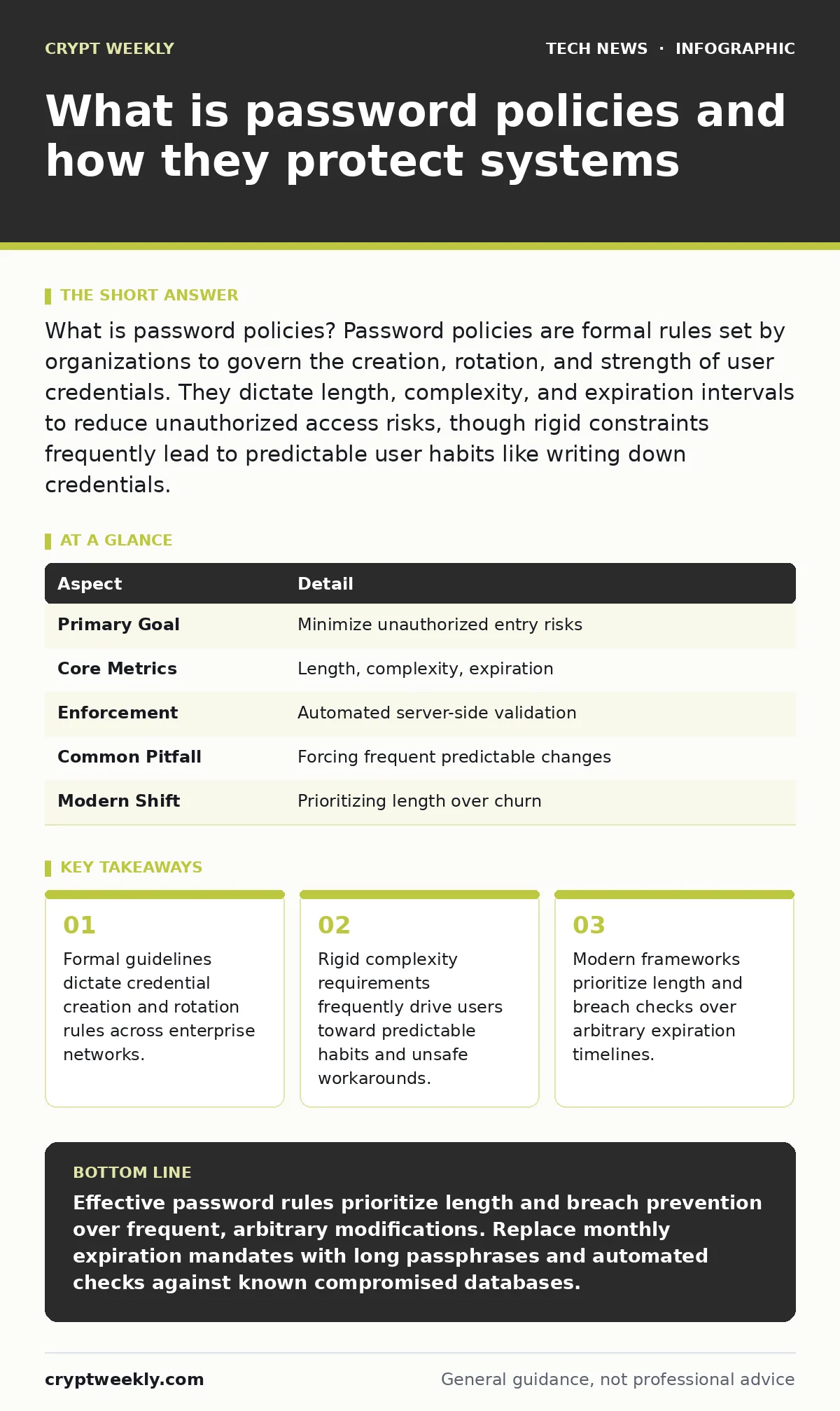 Infographic: What is password policies and how they protect systems. Formal guidelines dictate credential creation and rotation rules across enterprise networks. Rigid complexity requirements frequently drive users toward predictable habits and unsafe workarounds. Modern frameworks prioritize length