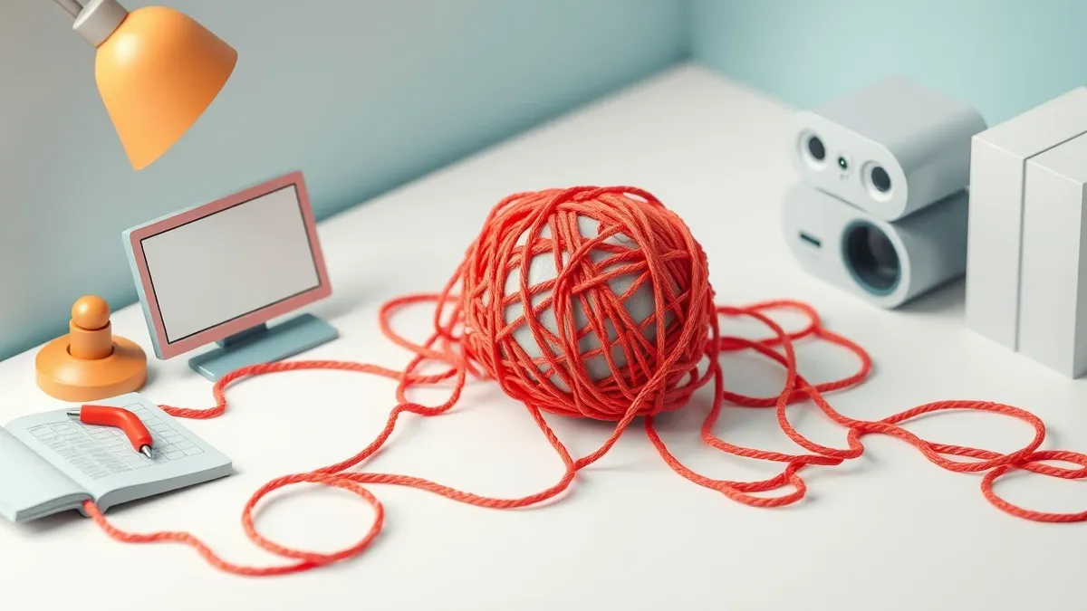 Illustration: A tangled ball of thick red yarn sits on a clean white desk, representing messy and weak security.