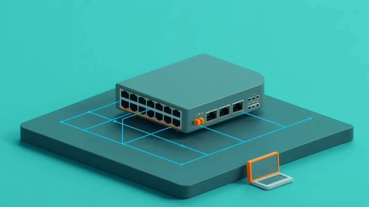 Illustration: A sleek network switch sits isolated on a dark table, surrounded by floating geometric barriers that separate its ports into distinct zones.