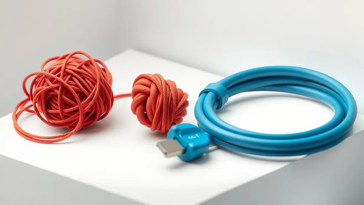 Illustration: A tangled ball of red thread sits on a clean white surface next to a neatly coiled blue cable.
