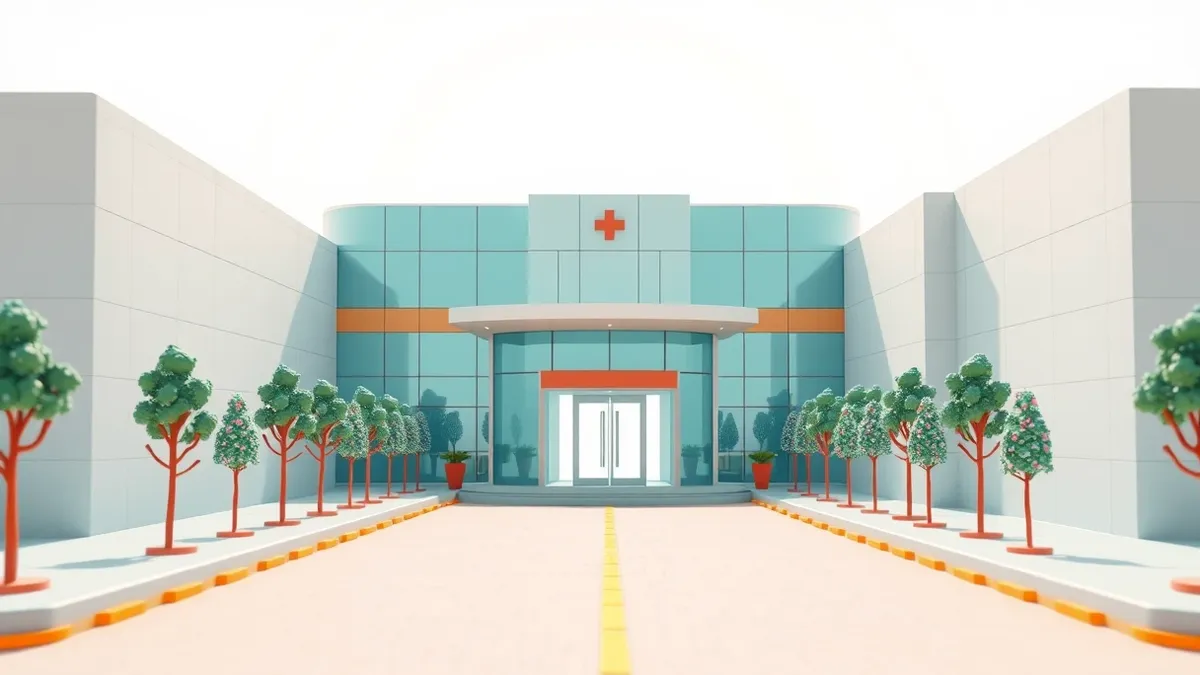 Illustration: A sleek modern hospital entrance in India stands open under bright sunlight.