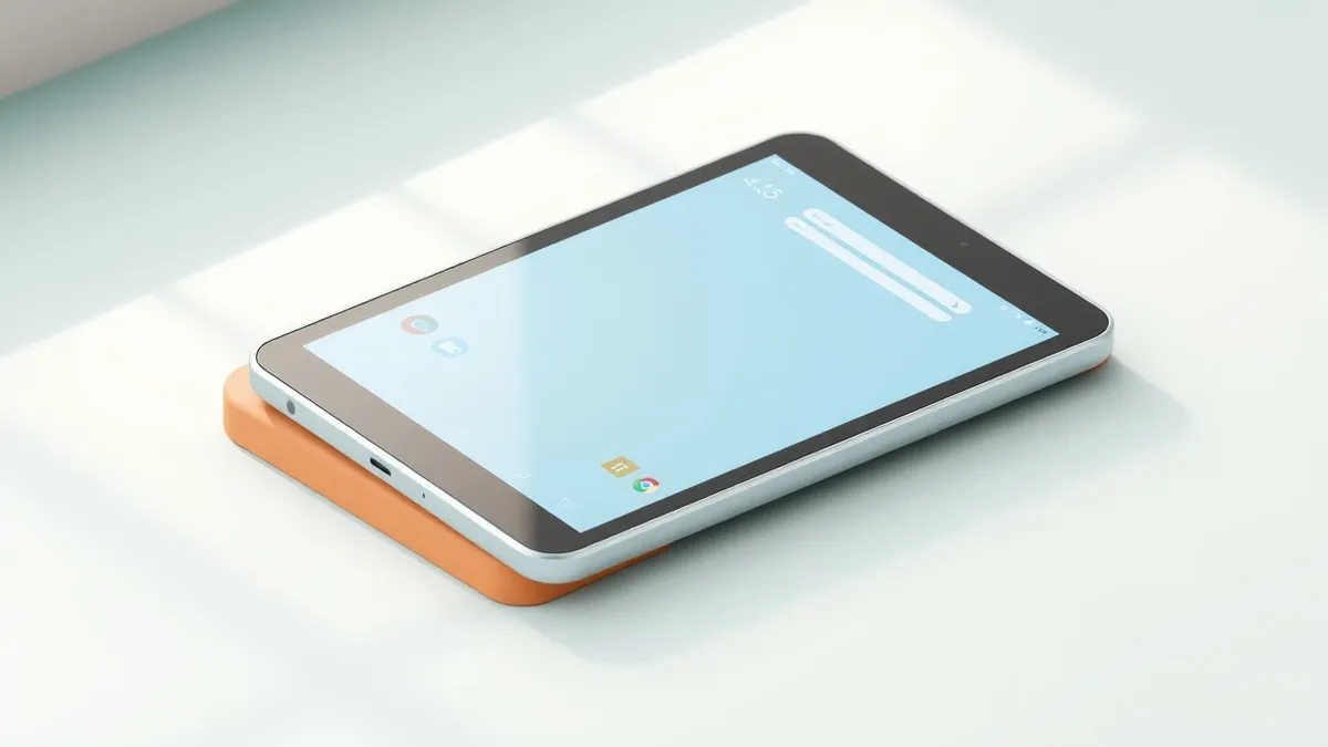 Illustration: A tablet device rests on a clean surface, displaying a blank home screen with simple colorful app icons arranged in a grid.
