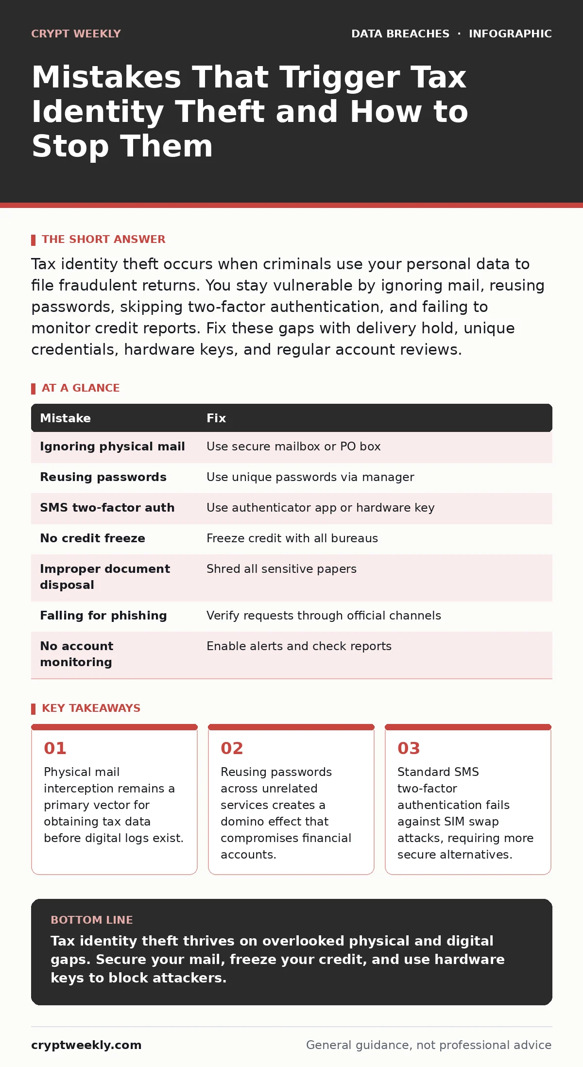Infographic: Mistakes That Trigger Tax Identity Theft and How to Stop Them. Physical mail interception remains a primary vector for obtaining tax data before digital logs exist. Reusing passwords across unrelated services creates a domino effect that compromises financial accounts. Standard SMS two-