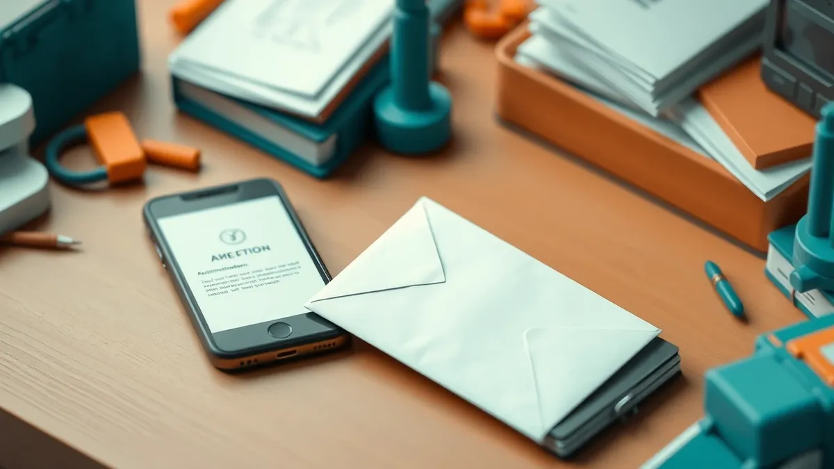 Illustration: A sealed envelope rests on a cluttered wooden desk beside a smartphone displaying a generic two-factor authentication prompt.